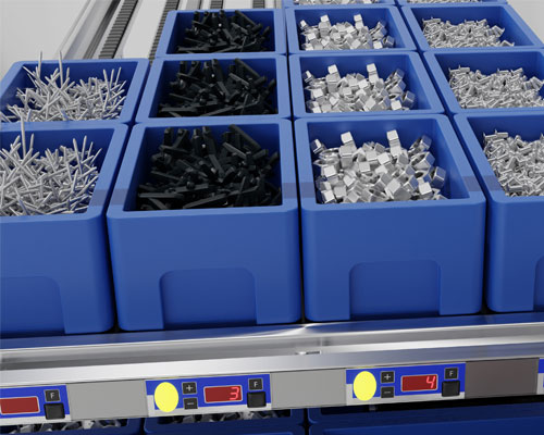 Das E-Kanban System von KBS überwacht atuomatisch, ob noch ausreichend Materialbehälter im Kanban-Regal vorgehalten sind.